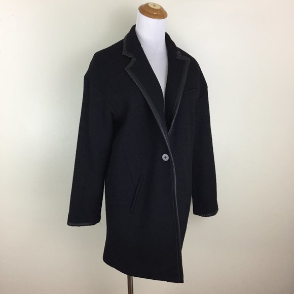 NWT ZARA Basic Black Oversized Leather Insert Lapel Wool Blend Coat Jacket
